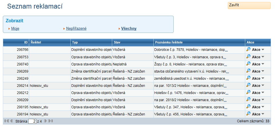 Řešení reklamací v Stav jednotlivých reklamací v Vložená reklamace přidělena systémem nebo automaticky vygenerovaný NZ systémem byl editorem zrušen.