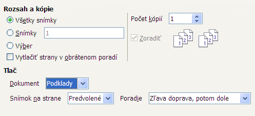 a) V časti Rozsah a kópie na karte Všeobecné dialógového okna Tlač zvolíme možnosť Snímky. b) Zadáme poradové čísla snímok na tlačenie (napríklad 1-4 alebo 1,3,7,11). 3) Klikneme na tlačidlo OK.