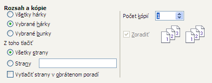 Obrázok 5: Tlač vybranej časti textu Calc Na tlačenie môžeme vybrať jednotlivé hárky, viaceré hárky a výber buniek.
