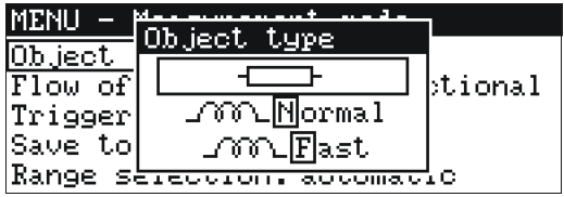 v MENU zvolte objekt induktivního typu a continuous triggering (opakované spouštění) otočným přepínačem 7 nastavte maximální měřicí proud nebo rozsah měření (proud), když je automatická volba rozsahu