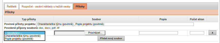 VI. Přílohy Ke každému projektu je nutné přiložit dvě povinné přílohy: 1) Popis projektu - bude obsahovat plánované výzkumné aktivity, jejich očekávané výsledky a časový harmonogram řešení projektu.