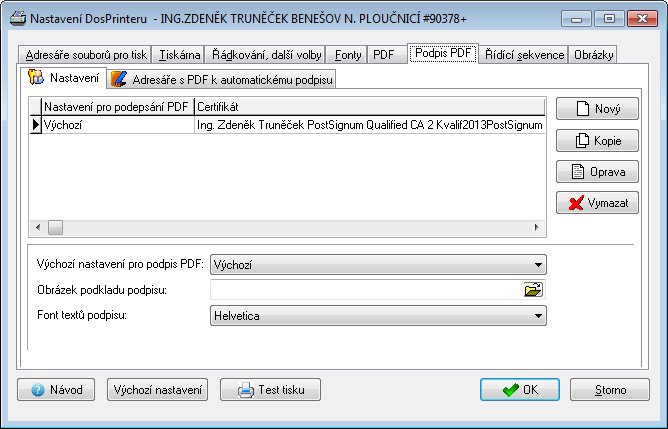 Nastavení elektronického podpisu a jeho parametrů se provádí v záložce Podpis PDF.