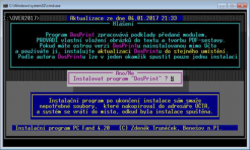 Po skončení instalace modulu je nabídnuta instalace programu DOSPRINT, který ve Windows zajišťuje vložení obrázků a tvorbu PDF-sestavy.