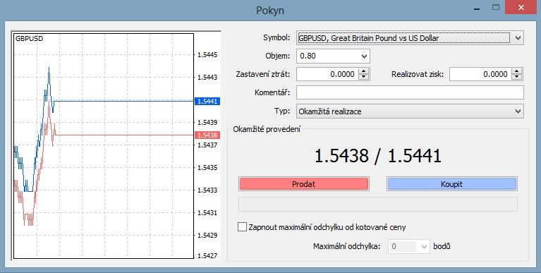 Přímý obchodní příkaz zadáme také tlačítkem F9: Vybereme symbol, objem, nastavíme Zastavení ztrát (stop-loss) a Realizovat zist (take-profit) na konkrétních hladinách, zvolíme Typ provedení Okamžitá