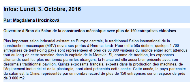 Název: Titre: Zahájení Strojírenského veletrhu v Brně s více než 150 čínskými formami Ouverture à Brno du Salon de la construction mécanique avec plus de 150 entreprises chinoises Zdroj / Source :