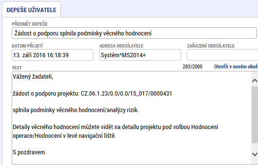 Komunikace přes IS KP14+ (II.) Pokud přijde depeše, která se vztahuje ke konkrétnímu projektu, pak přijde kromě nástěnky uživatele také přímo na projekt (objekt).