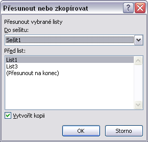 Důležité» Při kopírování původně aktivní list zůstane na svém místě a na novém místě je jeho kopie, která nese původní název listu s pořadovým číslem kopie v závorce.