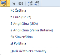 Na kartě Domů ve skupinovém rámečku Číslo klepněte na rozbalovací tlačítko Účetnický číselný formát (nabídku vidíte na obrázku výše).