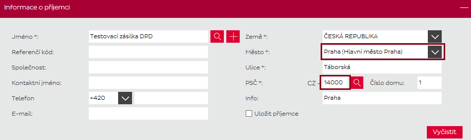 4 Automatické doplňování adresy příjemce Pro ruční zadávání adresy příjemce funguje v tuto chvíli našeptávání poštovního směrovacího čísla v případě, že je zadáno město příjemce a ulice, která je v