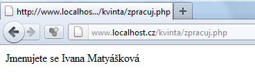 echo "Jmenujete se ". $jmeno." ". $prijmeni. "<br>"; Středa 12. října Pokračování tvorby a vyhodnocení formuláře formular.html <html> <body bgcolor="pink"> <h3>dotazník</h3> <form action="zpracuj.