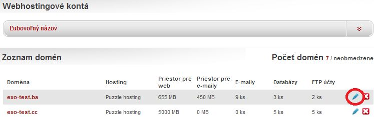 2.2 Zoznam domén V rámci jedného multihostingového balíčku je možné prevádzkovať neobmedzený počet domén, všetky sa zobrazia po kliknutí na ikonu Zoznam domén.