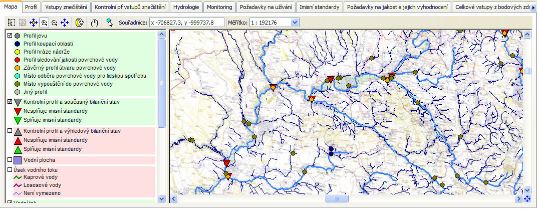 Záložka Profil obsahuje u kontrolních profilů tj. profilů typu profil sledování jakosti povrchové vody a závěrný profil útvaru povrchové vody údaje o současném a výhledovém bilančním stavu.