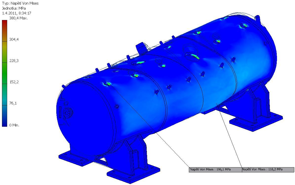 Obrázek 23: Pevnostní analýza parogenerátoru - tlak Z hlediska součinitele bezpečnosti se průměrná hodnota pohybuje mezi hodnotami 3-5.