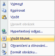 Seznam obrázků (příloh) Vložit obrázek Pravé tlačítko Vložit Titulek Popsat Karta Reference Část