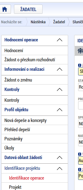 Snímek s vyznačením položky pro depeše v levém menu žádosti Je důležité, aby žadatel/příjemce průběžně na záložce Přehled depeší kontroloval depeše, které byly k danému projektu