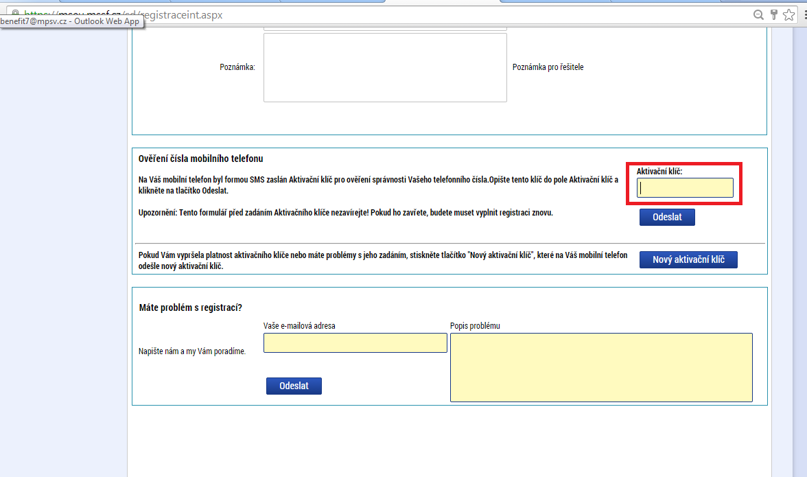 telefonní číslo přijde SMS s aktivačním klíčem (tj.