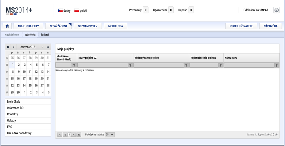 Založení projektu Po kliknutí na záložku Žadatel se zobrazí základní plocha s novými záložkami Moje projekty; Nová žádost; Seznam výzev;
