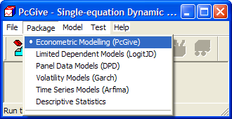 GiveWin Moduly Model sestavuje v modulu PcGive. Ten spustíme buď v nabídce vlevo (viz obr. 11.2) nebo v hlavním menu Modules PcGive. Hlavní dialogové okno modulu PcGive je následující.