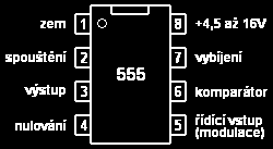 jako výstup, díky vnitřnímu zesilovači dokáže dodat proud až 200 ma. K zablokování funkce obvodu slouží vývod 4, jeho připojením na záporný pól napájení se činnost obvodu přeruší.