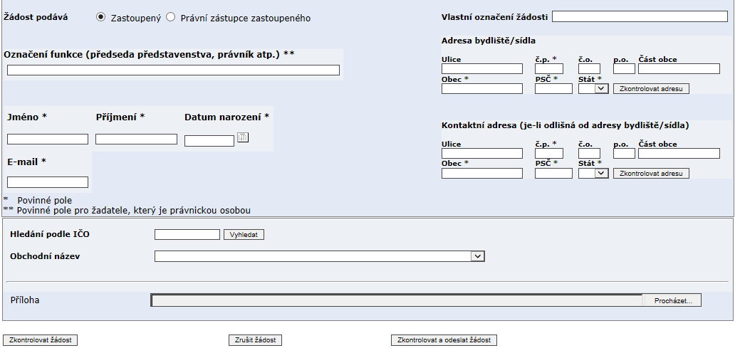 4. Vytvoření a odeslání žádosti Na stránce pro výběr nové žádosti k registraci subjektů na finančním trhu uživatel zvolí požadovanou žádost. Systém REGIS následně zobrazí formulář pro podání žádosti.