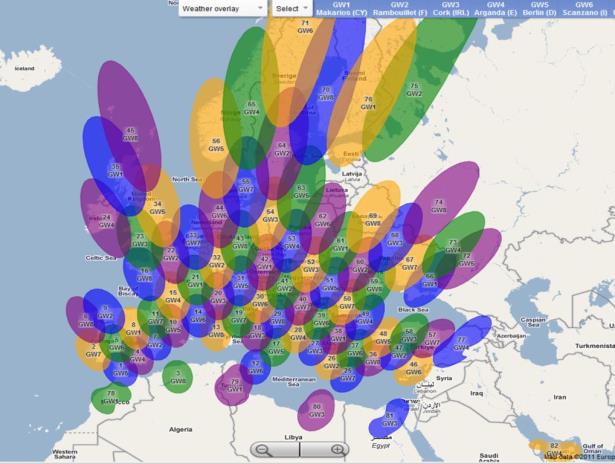 Pokrytí satelitním signálem v X, Ku a Ka-band Skynet 5 X-band Eutelsat Ku-band S5B Shaped Uplink Africa-Full1-7.