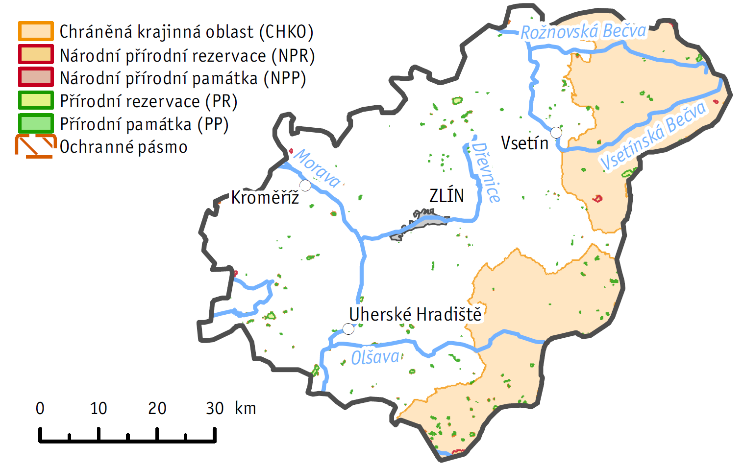 5 Ochrana přírody 5.1 Územní a druhová ochrana přírody Na území Zlínského kraje se v roce 2014 nacházela dvě velkoplošná zvláště chráněná území (Obr. 1). Jedná se o CHKO Beskydy a CHKO Bílé Karpaty.