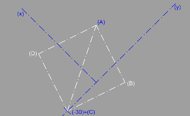 Příklad 8 (str. 71/12): V pravoúhlé axonometrii určené axonometrickým XYZ(70,60,60) zobrazte čtverec ABCD ležící v půdorysně, jestliže A[30,30,0], C[0,-30,0].