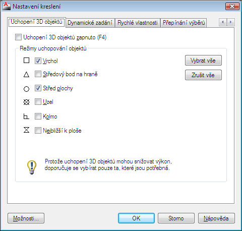 4.7 AUTOCAD 2011: UCHOPENÍ 3D OBJEKTŮ F4 AUTOCAD 2008: Ve 2D kreslení pro začátečníky se tímto nástrojem nebudeme zabývat 4.7.1 VÝZNAM Řídí aktivní nastavení uchopení 3D objektů.