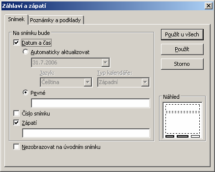 MS PowerPoint2003 Předlohu snímků zobrazíte příkazem Zobrazit Předloha Snímek V předloze snímků je možné provádět stejné změny jako v libovolném snímku.