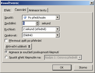 MS PowerPoint2003 Další atributy animačního efektu můžete nastavit kliknutím na položku Možnosti efektu nebo Časování, kdy se vám zobrazí toto dialogové okno. V něm můžete nastavit např.