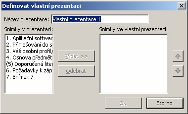 MS PowerPoint2003 Takové snímky jsou v seznamu snímků označeny přeškrtnutým číslem snímku a při předvádění prezentace se přeskakují. Přesto je lze zobrazit např. tak, že při předvádění prezentace (tj.