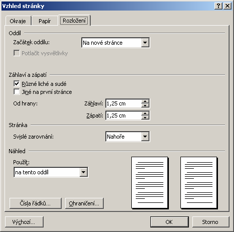 MS Office 2003 Na tomto panelu naleznete např. tlačítko pro vložení čísla stránky, celkového počtu stránek apod.