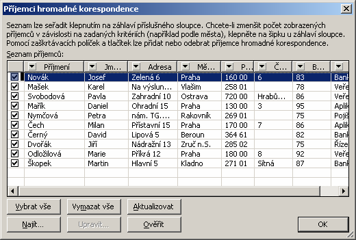 MS Word 2003 Pomocí zaškrtávacích políček u jednotlivých příjemců můžete vybrat jen některé ze seznamu příjemců.