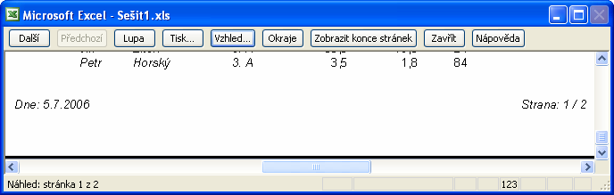 MS Excel 2003 Kurzor myši umístěný v náhledu nad zobrazenou stránkou funguje jako lupa. Klepnutím si můžeme zobrazenou stránku přiblížit nebo oddálit.