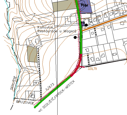 E.6) DOPRAVNÍ INFRASTRUKTURA Pozemní komunikace Plochy řešené Změnou č. 1 nemají vliv na celkovou koncepci dopravní obsluhy území navrženou Územním plánem Bruzovice.