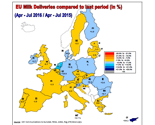 Dodávky syrového kravského mléka v EU 2016/2015