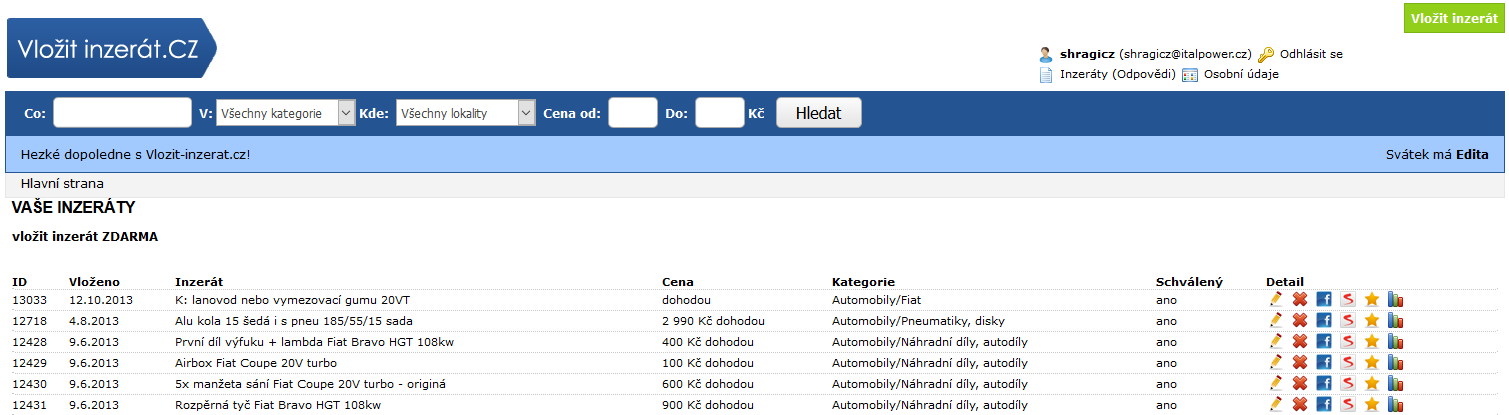 Uživatel má dále možnost spravovat své osobní/kontaktní údaje nebo