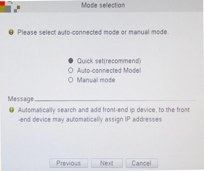 6. Následně vyberte režim k přidání kamer k DVR Auto (automatiké nastavení a přidání kamer), Smart (automatické přidání kamer a nastavení jejich síťového připojení), Manual (manuální