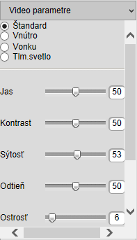 Sekcia 6: Videoparametre V tejto sekcii je možné upravovať parametre obrazu kamery ako sú: Jas, Kontrast, Sýtosť, Odtieň a Ostrosť alebo si môžete vybrať z prednastavených módov podľa inštalácie
