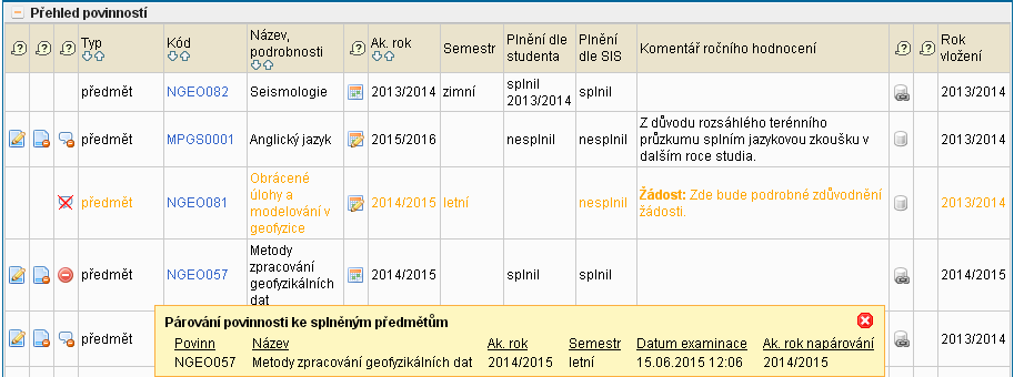 Obr. 7: Přehled povinností, zobrazení párování předmětů, žádost o odebrání předmětu z plánu V následujícím textu je podrobně popsáno párování povinností a význam grafických ikon z obr.