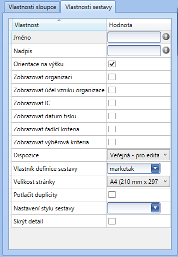 NÁVRHÁŘ SESTAV 3.1.2 Vlastnosti sestavy Obrázek 33 vlastnosti sestavy Jméno povinná položka, uživatel zvolí název sestavy. Nadpis povinná položka, uživatel zvolí nadpis na sestavě.