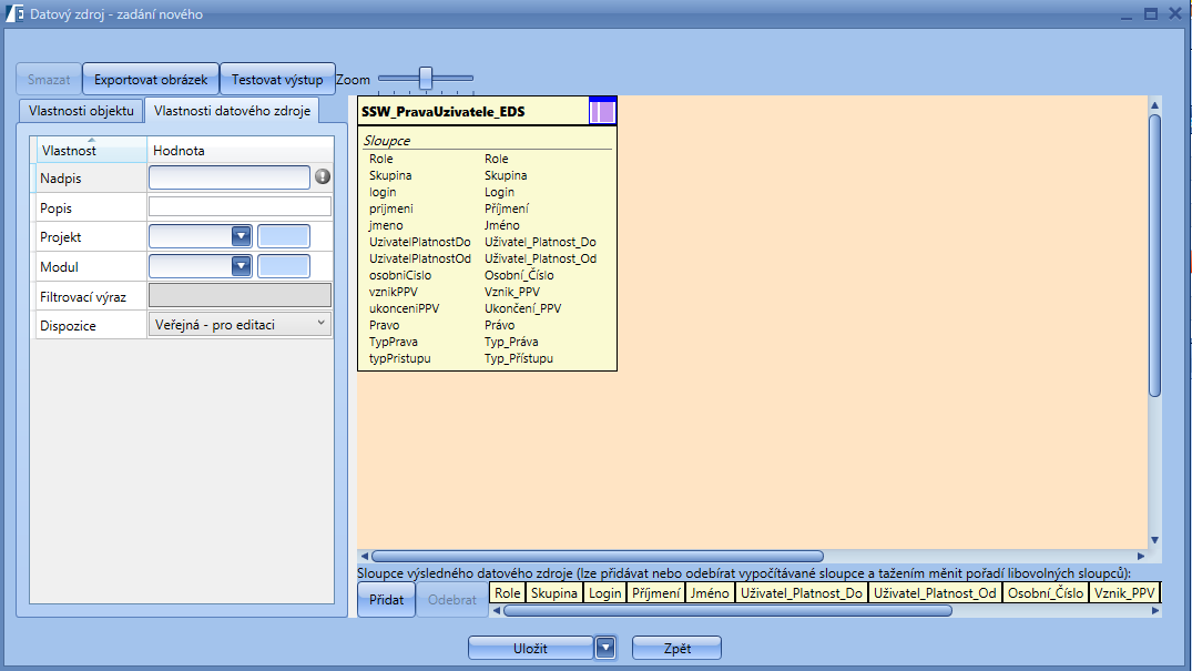 DATOVÝ ZDROJ Popis položek okna Kód projektu obsahuje popis kódu projektu. Kód modulu obsahuje popis kódu modulu. Název obsahuje název datového zdroje.