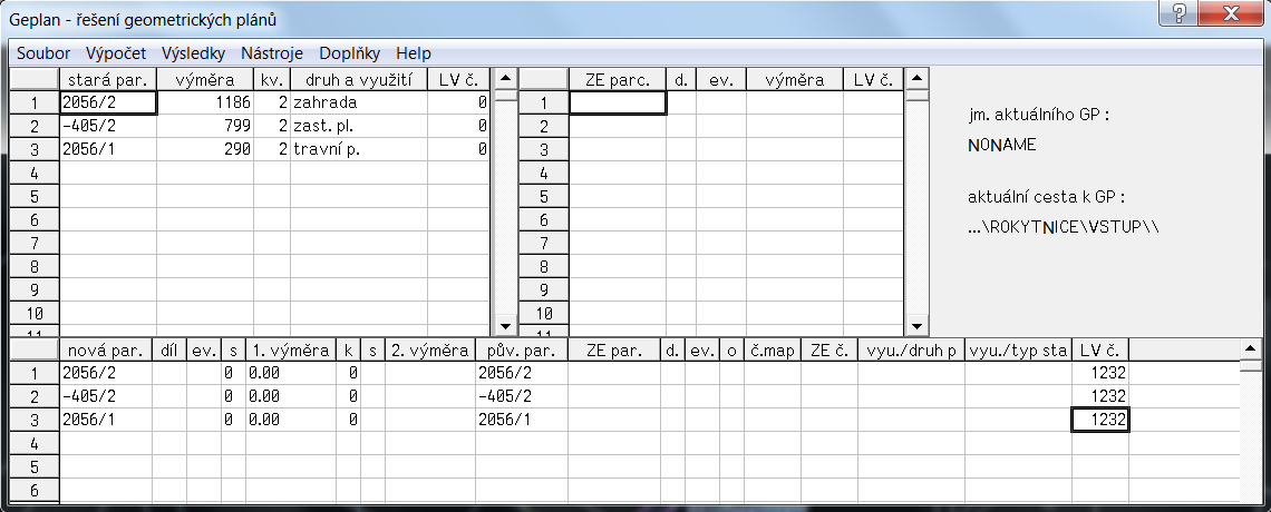 Obr. 26 - Ukázka tabulky dílů po editaci Po potvrzení tlačítkem OK se naplní tabulky v základním okně GEPLANu. Z tabulky starého stavu se odstraní všechny zobrazené parcely.