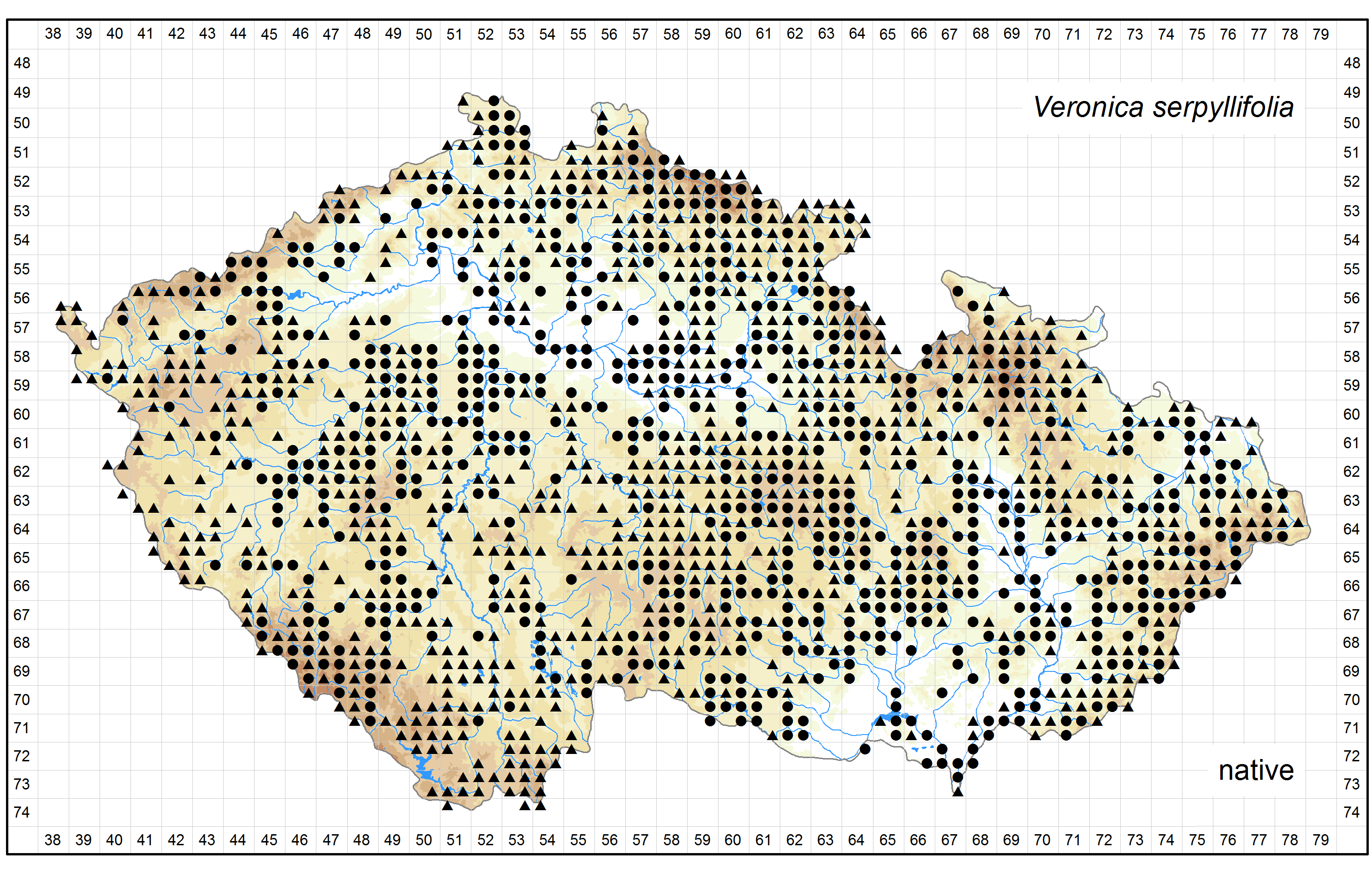 Distribution of Veronica serpyllifolia in the Czech Republic Author of the map: Jiří Danihelka, Michal Ducháček Map produced on: 12-05-2016 Database records used for producing the distribution map of