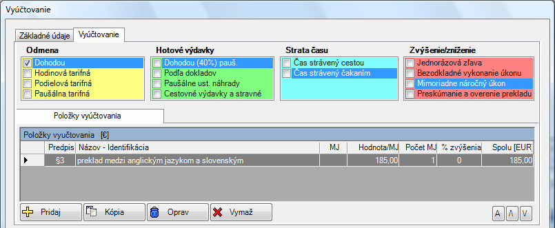 Konštantný symbol je pre služby 0308. Spôsob platby sme zvolili hotovosť. V pravej časti sú súhrnné informácie o vyúčtovaní.