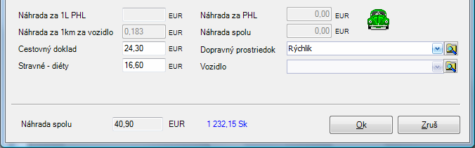 11 PRÍKLADY 117 Stravné (diéty) za služobnú cestu zadajte do boxu Stravné - diéty vo výške, ktorá zodpovedá zákonu o cestovných náhradách MPSVR č. 110/2009 Z. z. Pracovná cesta trvala 2 pracovné dni, stravné za jeden deň pracovnej cesty je 8,30 eura.