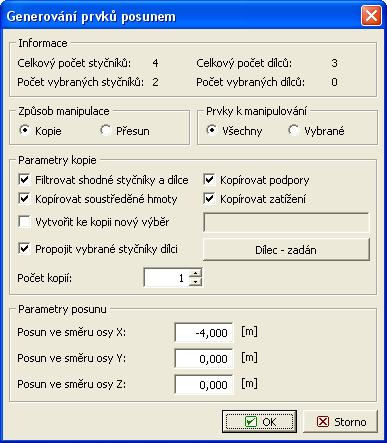 Nástroj pro posun/kopii konstrukce V okně "Generování prvků posunem" nastavíme potřebné parametry posunu. Vybereme způsob manipulace "Kopie" a zadáme hodnotu posunu ve směru osy X jako -4 m.