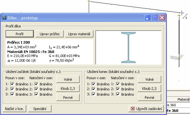 V následujícím okně vybereme materiál třídy Fe 360. Výběr třídy materiálu Po zadání prototypu dílce klikneme myší na počáteční styčník dílce a poté na koncový styčník dílce.