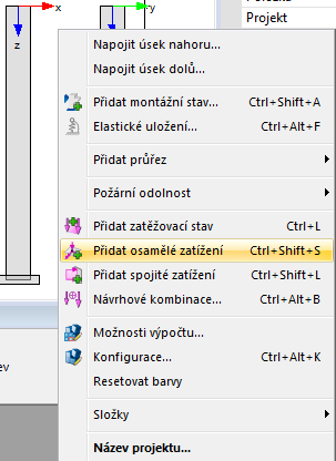 Nastavení Zatížení Definovány jsou následující druhy účinků: Existující zatěžovací stavy mohou být kopírovány po polích buď kliknutím pravým tlačítkem myši na zvolený zatěžovací stav ve struktuře
