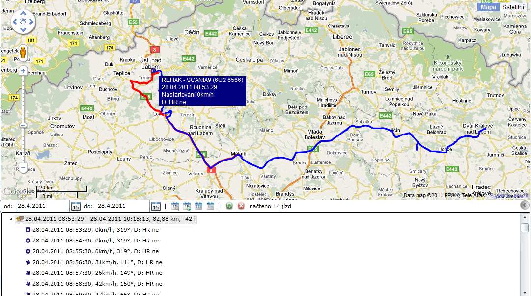 Na mapě je seznam všech jízd, které vozidlo za dané období vykonalo. Kliknutím na konkrétní jízdu na offline panelu se daná jízda odliší červenou barvou.
